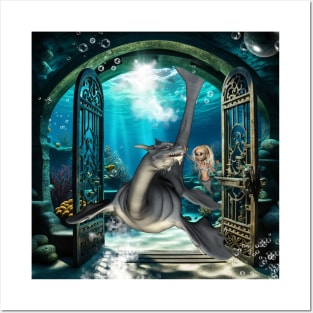 Cute little mermaid with seadragon. Posters and Art